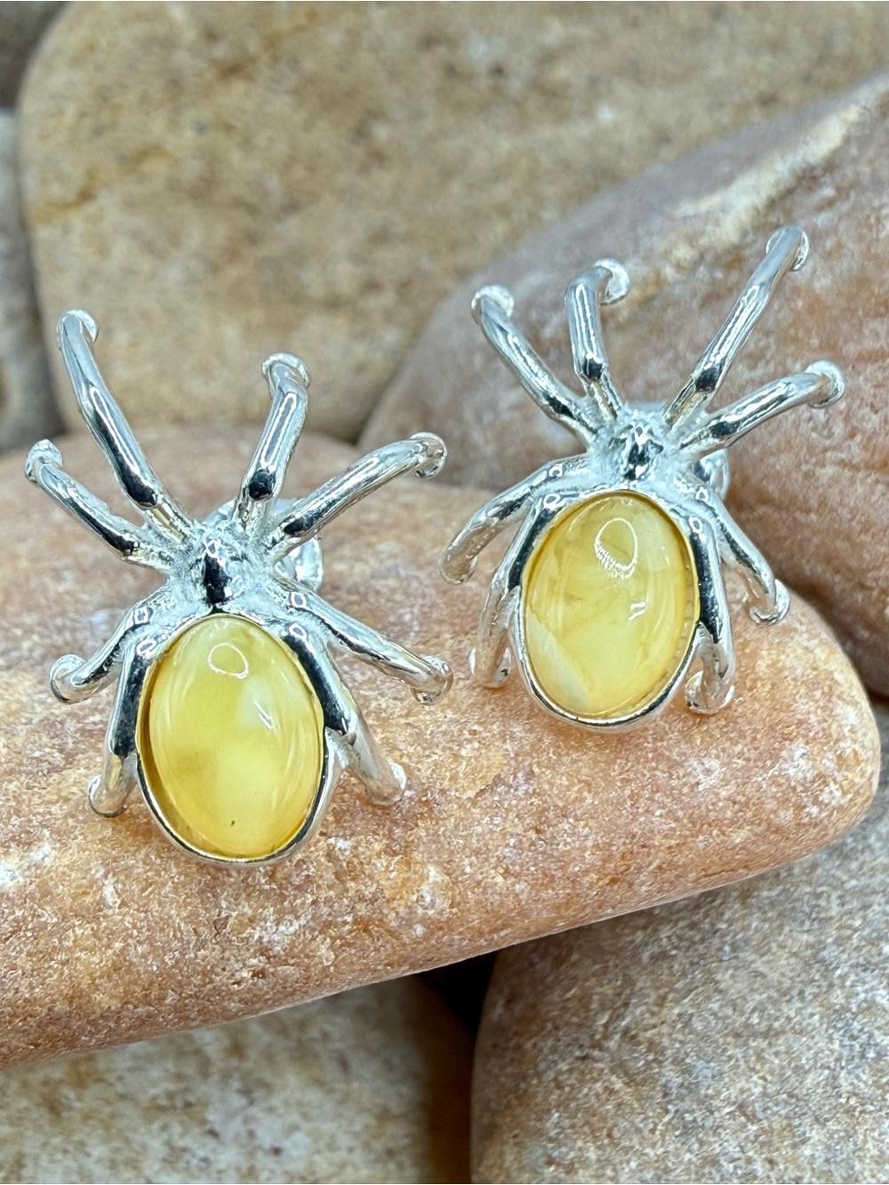 Amber Spider Stud Earrings 925 Sterling Silver Baltic Amber Signed By Allkon